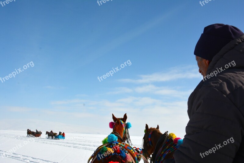 Lake Ice The Horses Are Horse-drawn Carriage Kars