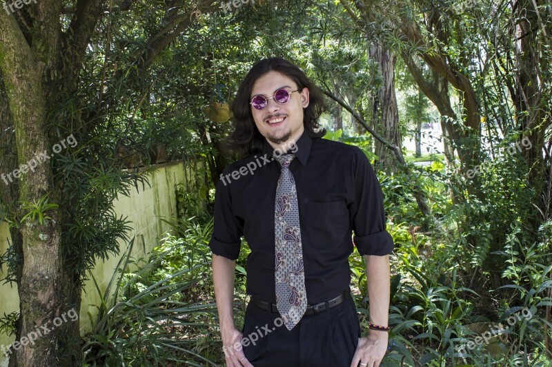 Man Tie Glasses Goatee Long Hair