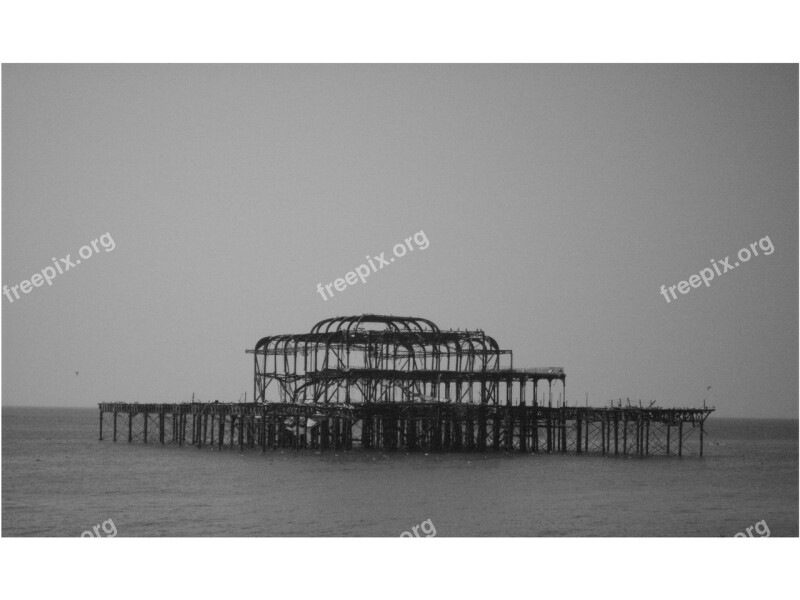 Brighton Pier Burnt Out Sea Coast Destroyed