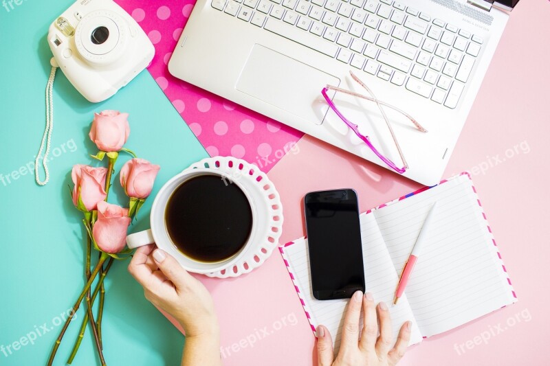 Lifestyle Pink And Blue Blog Laptop Coffee On Table