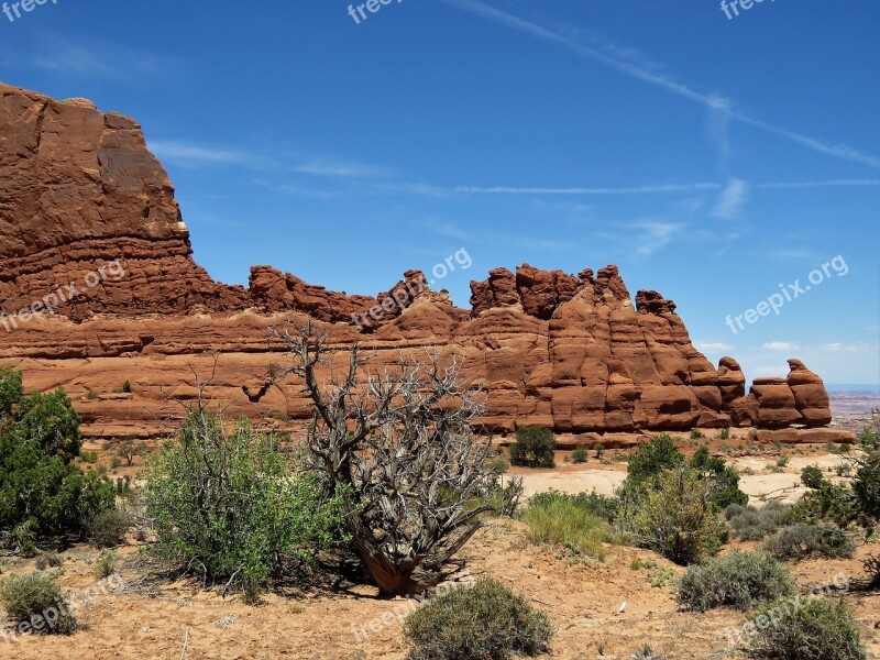 Rock Formations Red Sandstone Hiking Blue Sky Moab