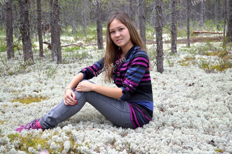 White Moss Girl Pine Forest Nature Summer