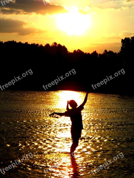 Sunset Water Girl Shadow Reflection