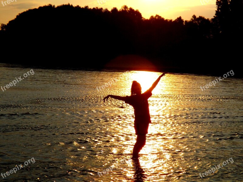 Sunset Water Girl Shadow Reflection