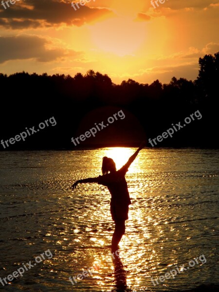 Sunset Water Girl Shadow Reflection