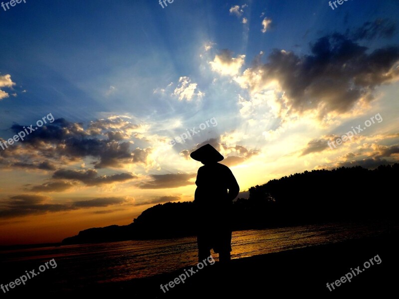 Sunset Fisherman Water Reflection Sun