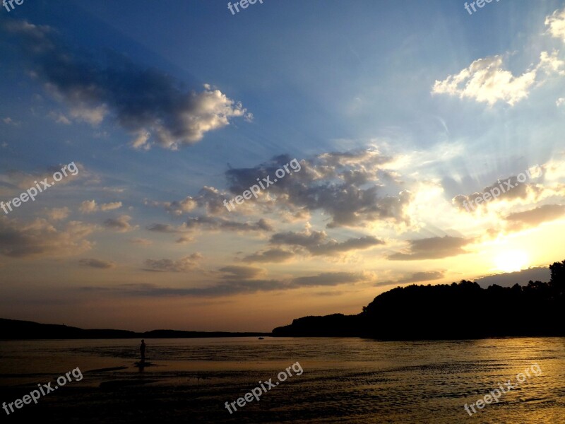 Sunset Water Fisherman Reflection Sun