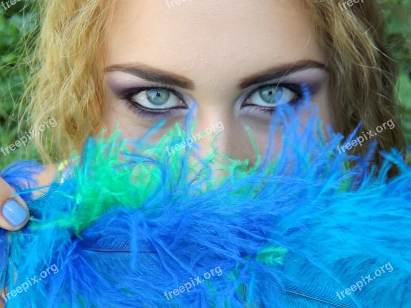 Girl Eye Blue Green Feather