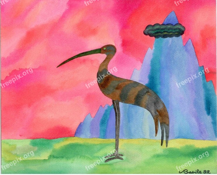 Watercolor Ibis Painting Bird Animal