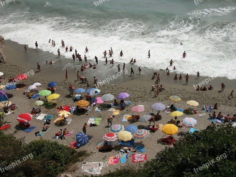 Beach The Sea Waves Umbrellas Colorful