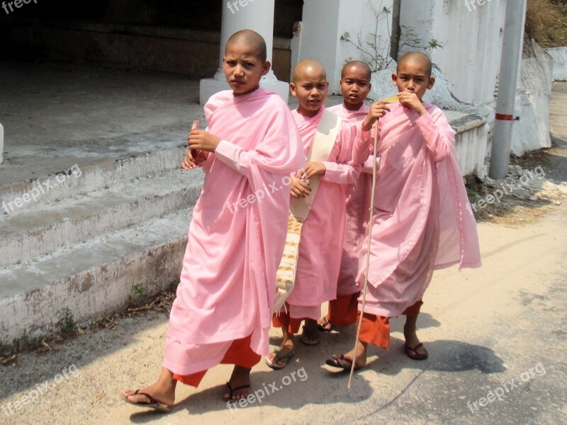 Girls Monastery Buddhism Myanmar Pink