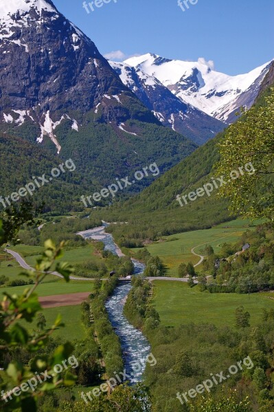 Norway Fjordlandschaft River Mountains Landscape