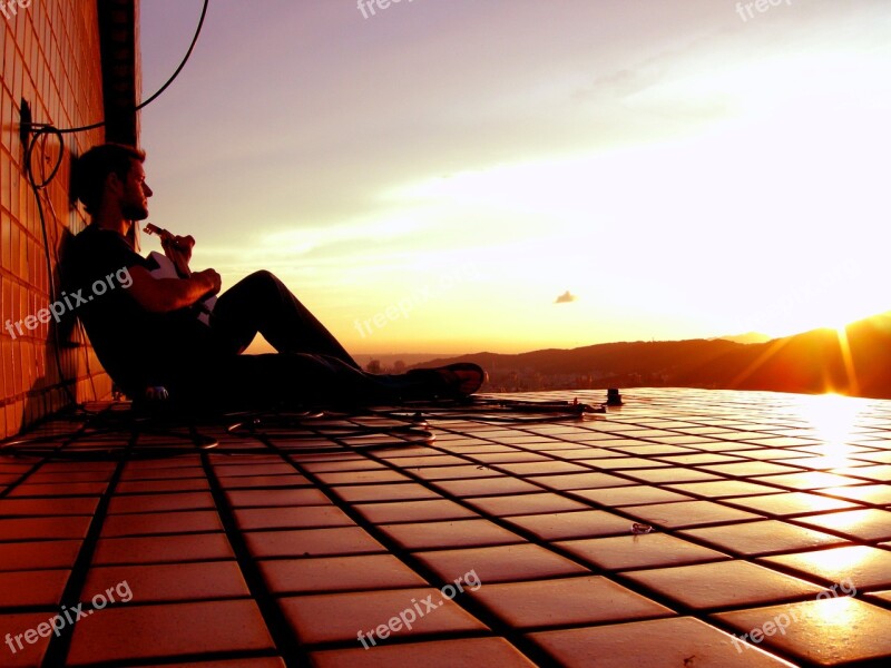 Guitar Rooftop Mountains Sunset Asia