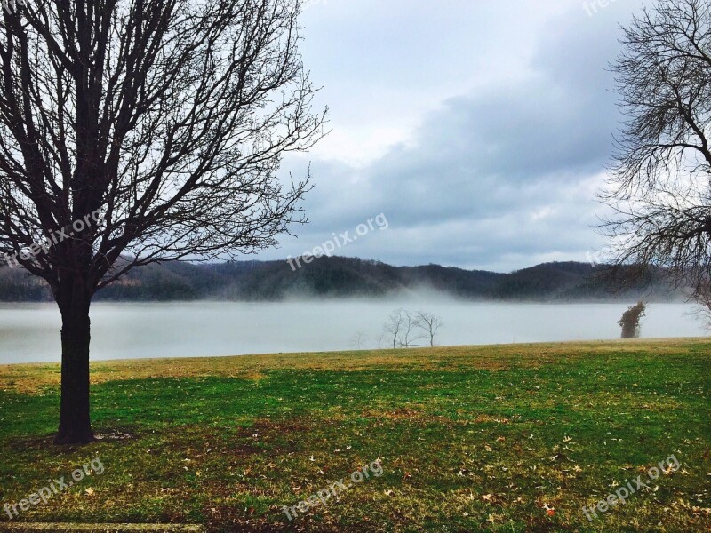 Fog Lake Hills Tree Sky