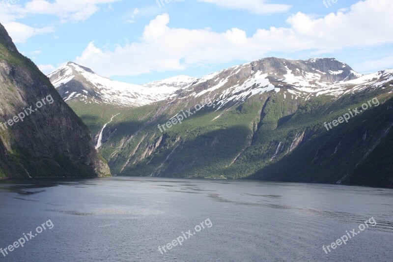 Geirangerfjord Snowy Mountains Water Norway Fjord