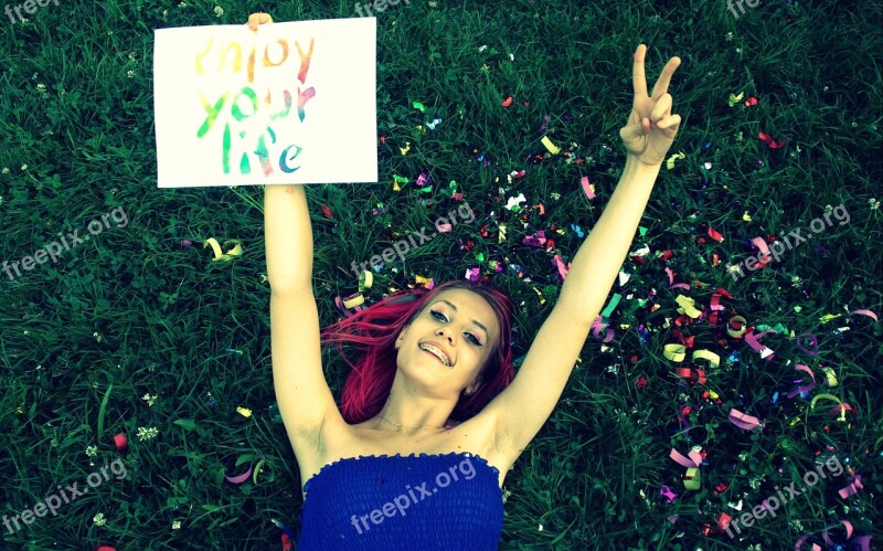 Girl Pink Hair Grass Confetti Smile