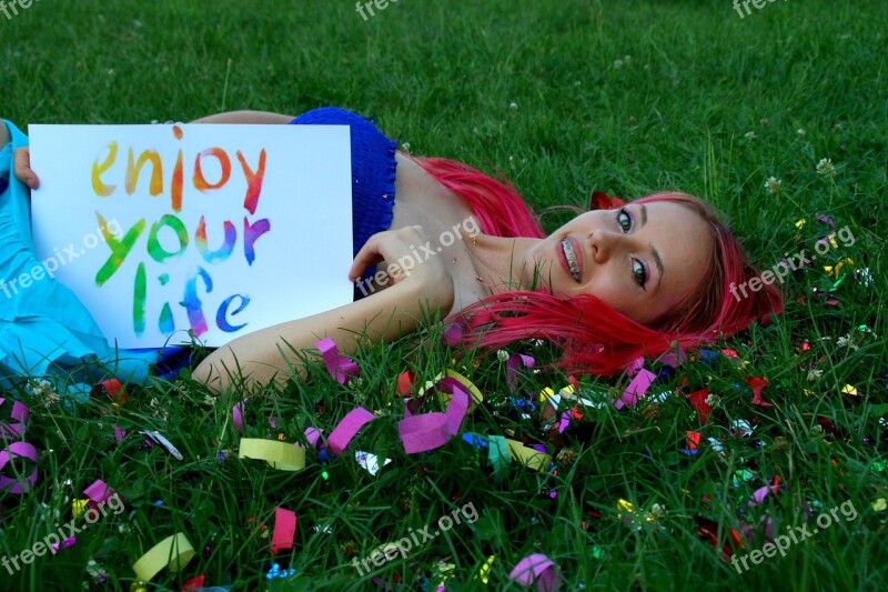 Girl Pink Hair Grass Confetti Smile