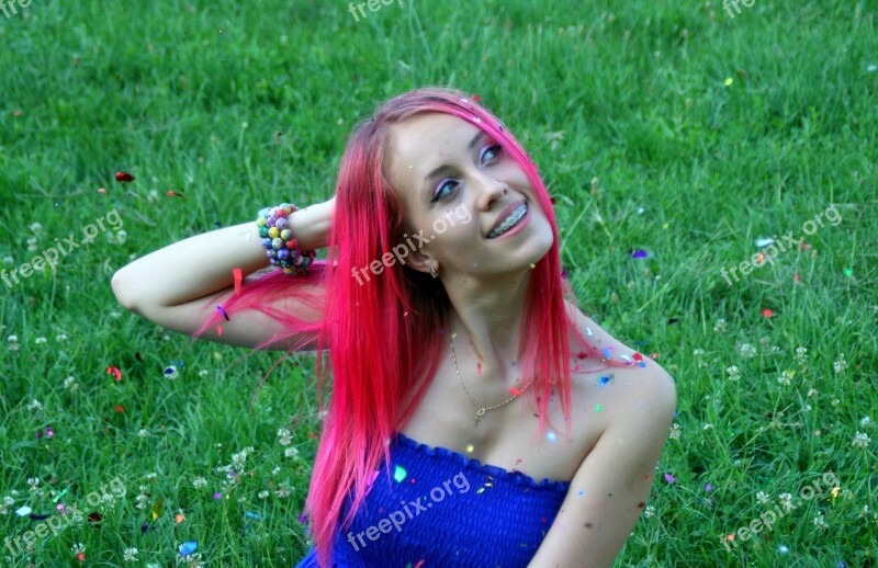 Girl Pink Hair Confetti Smile Free Photos