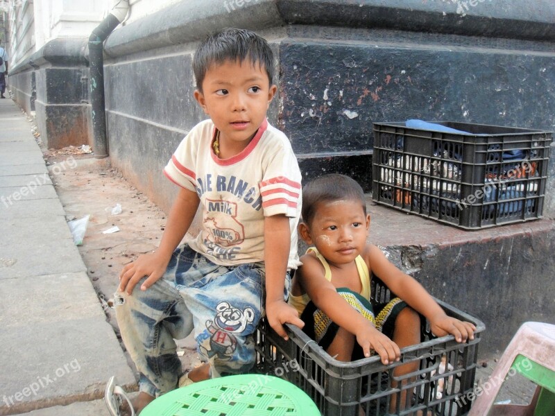 Myanmar Boys Poverty Crate Friendship