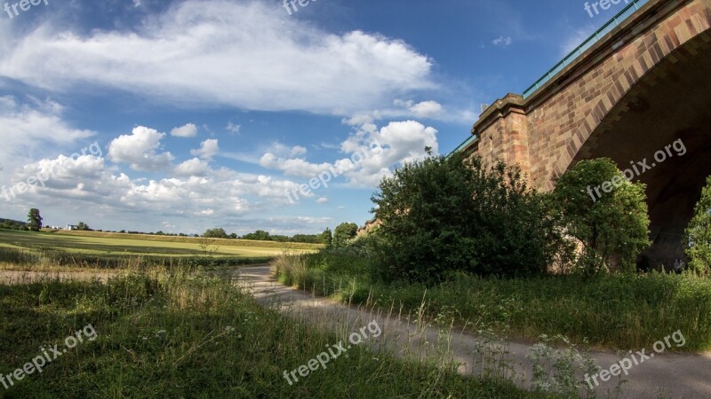 Clouds Field Bridge Landscape Summer Sky