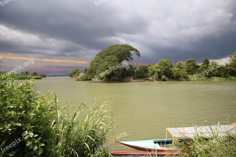 Clouds Mekong Don Det Boat Tree