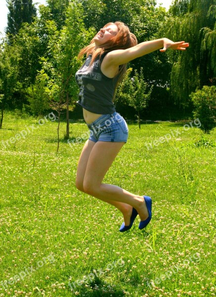 Girl Long Jump Joy Grass Fun