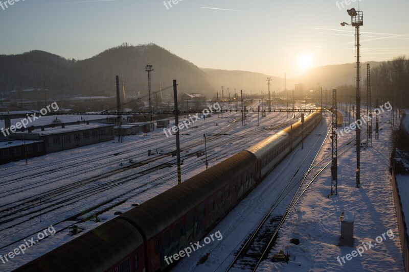 Railway Sunset Winter In The Evening Sadness