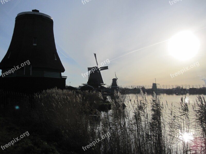 Mills Zaanse Schans Holland Netherlands Blue Sky