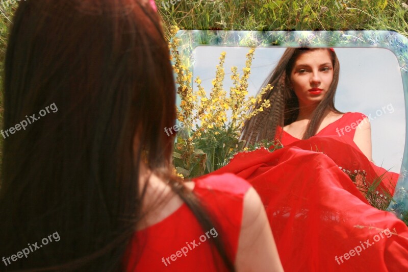 Girl Mirror Red Reflection Nice