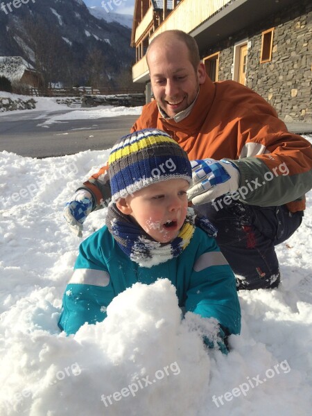 Child Father Snow Play Winter