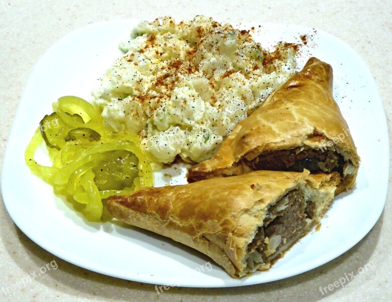 Cornish Pasty Potato Salad Sweet Pickles Ground Beef Onions