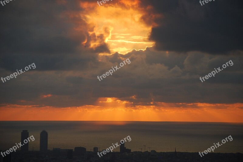 Barcelona Dawn Horizon Sky Clouds