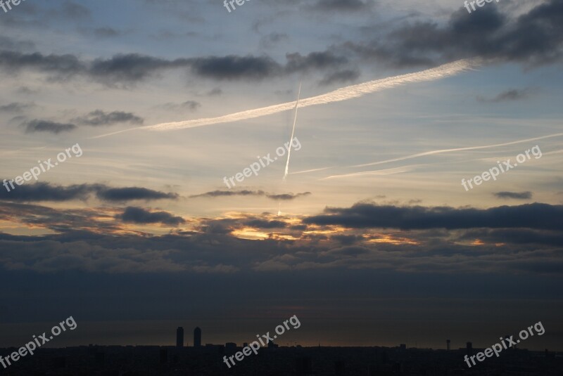 Barcelona Dawn Horizon Sky Clouds