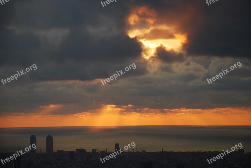 Barcelona Dawn Horizon Sky Clouds