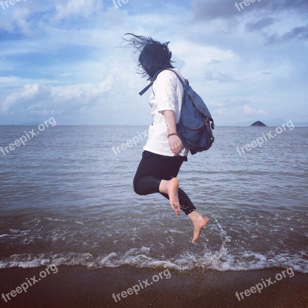 Jumping Beach Blue Sky The Sea Happy