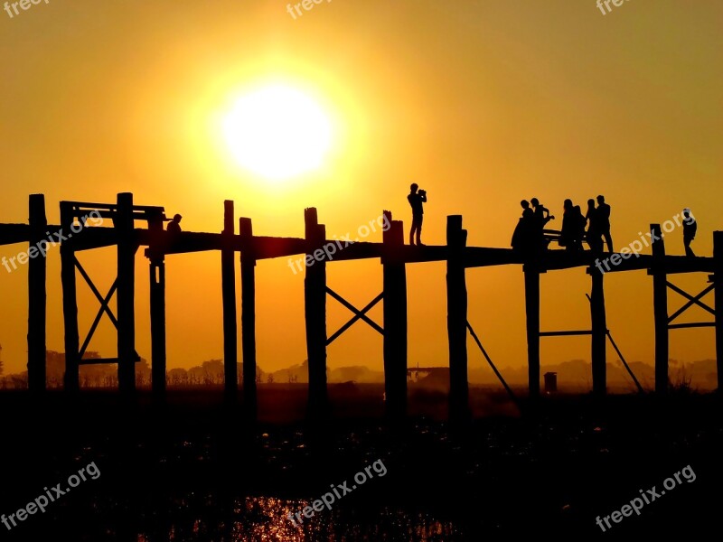 Sunset Bridge Burma Twilight River