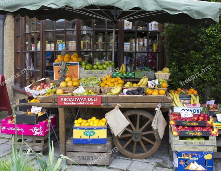 Fruiterer's Handcart Apples Oranges Bananas Melons