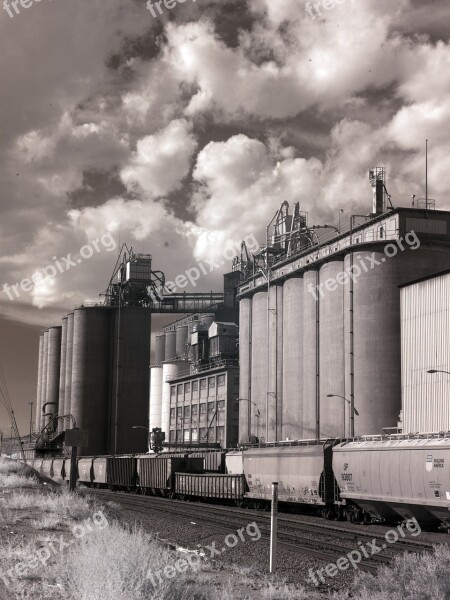 Grain Elevator Train Rural Black And White Farming