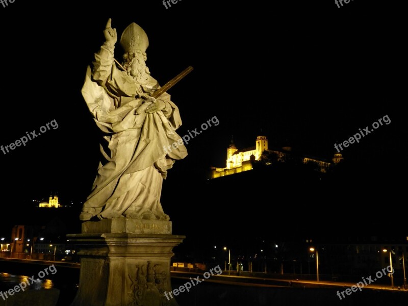 Main Bridge Würzburg Statue Night Marienberg