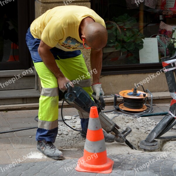 Man Worker Drill Roadworks Job