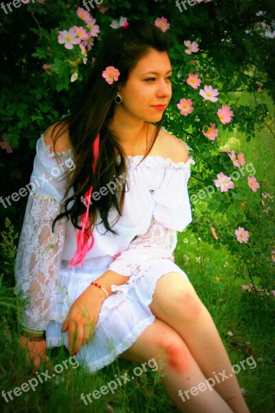 Girl White Dress Wild Rose Beauty Nature