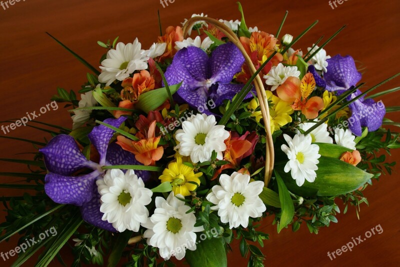 Bouquet Flowers Basket Of Flowers Bright Composition