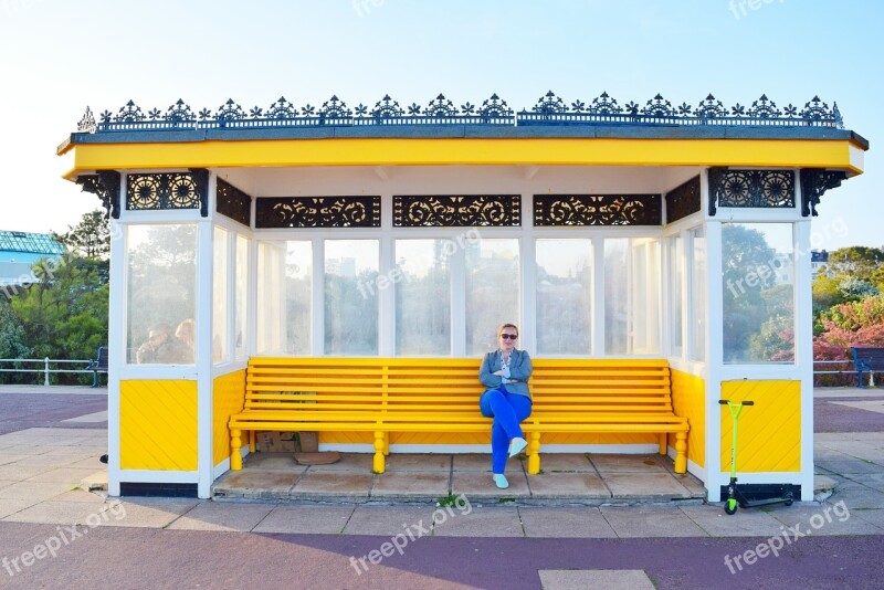 Bench Bus Stop Yellow People Sky