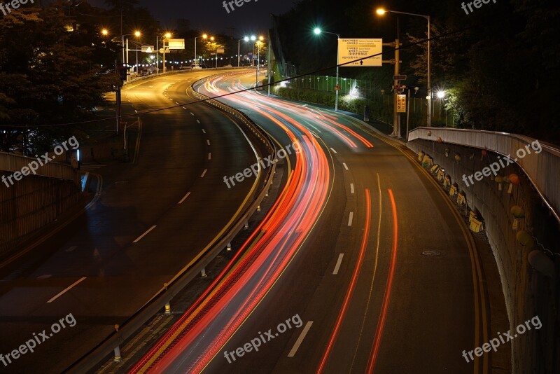 Night View The Trajectory Of The Car Road City