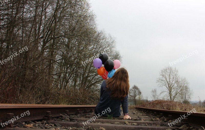 Girl Railway Rails Balloons Nature Free Photos