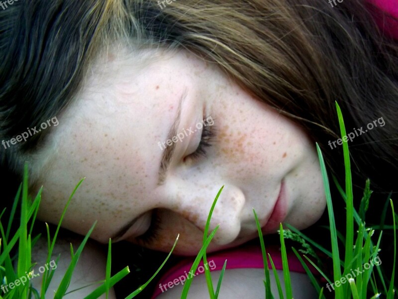 Girl Freckles Asleep Grass Portrait