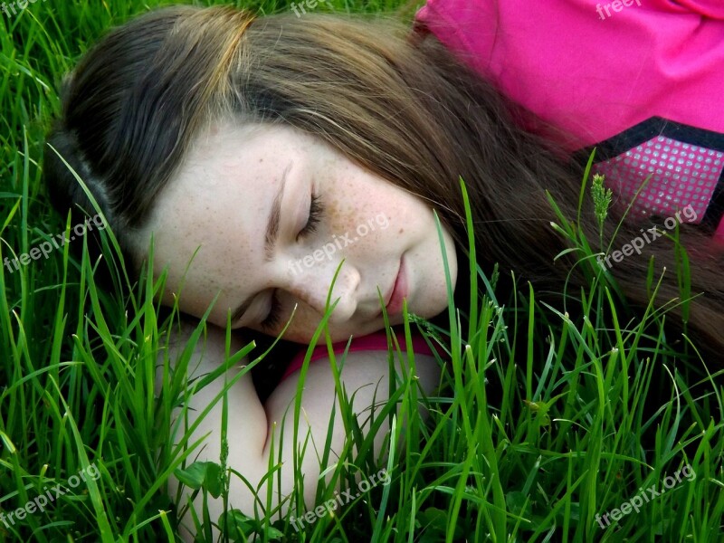 Girl Freckles Asleep Grass Portrait