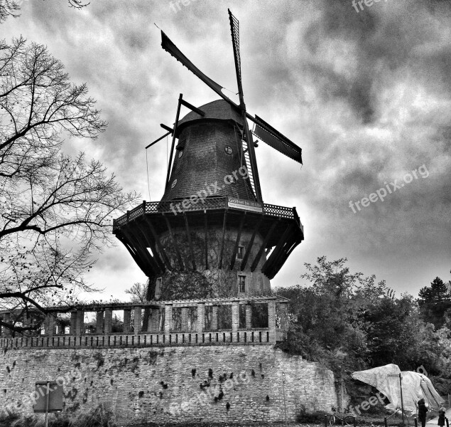 Windmill Black White Berlin Potsdam Clouds