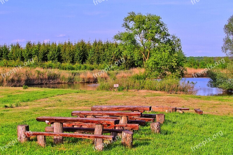 Pond Resting Place Landscape Wooden Benches Hdr Image