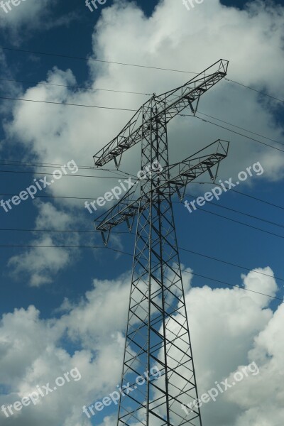 High Voltage Mast Air Wires Blue Sky Cables